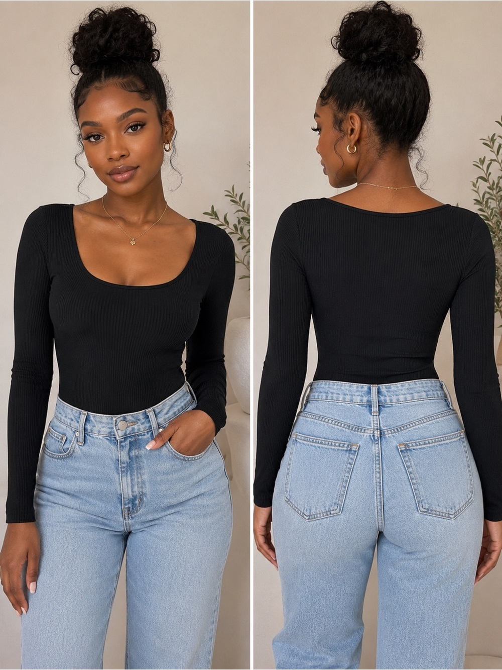 Kaileigh Black Ribbed Scoop-Neck Long Sleeve bodysuit